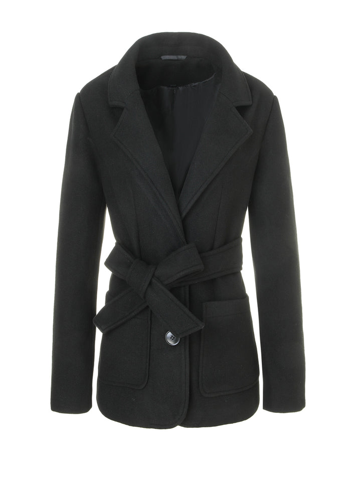 Women Tailored Short Coat with Tie Belt and Notched Collar Mune Fashion