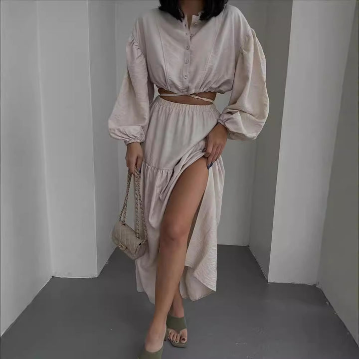Women's two-piece boho set with cropped blouse and maxi skirt with slit Mune Fashion