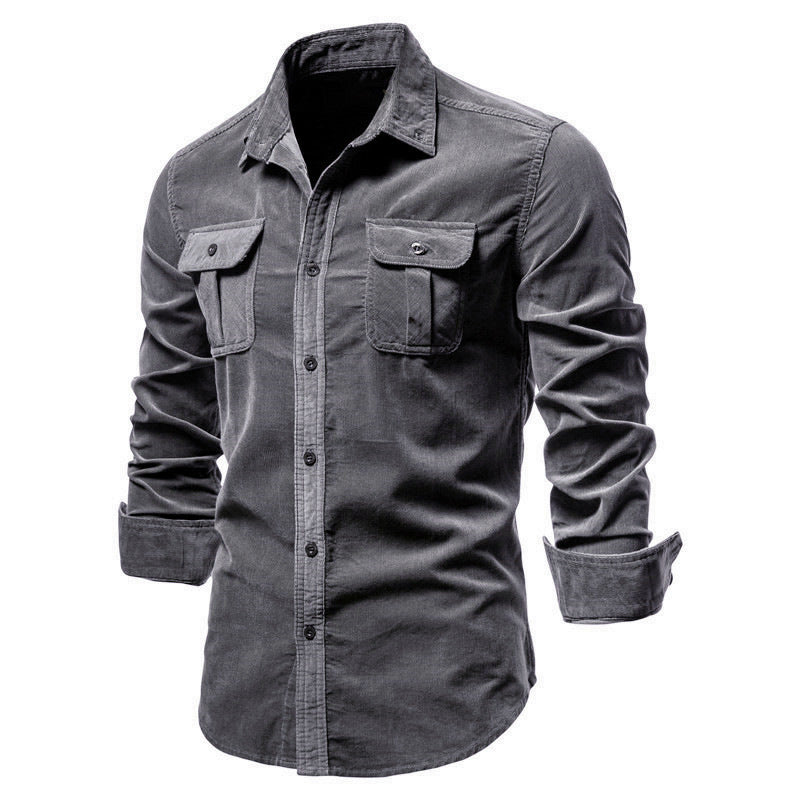 Men's long-sleeved cord shirt with applied breast pockets and Kent collar Mune Fashion