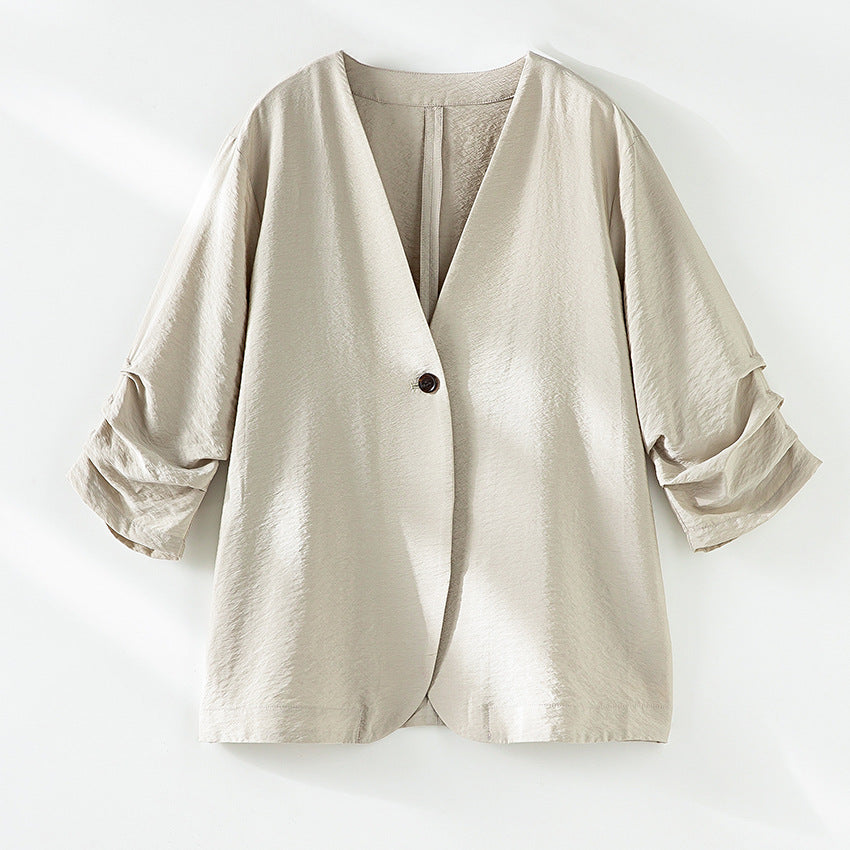 Women's Light Oversize Blazer with V-Neck, Single-Button Closure and Gathered Three-Quarter Sleeves Mune Fashion