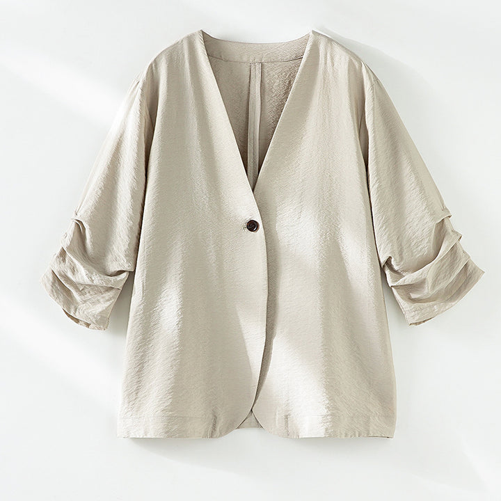 Women Lightweight Oversized Blazer with Deep V-Neck and Ruffled Sleeves Mune Fashion