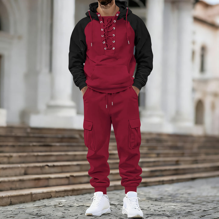 Men's hooded sweatshirt with front laced placket, raglan sleeves, and kangaroo pocket Mune Fashion