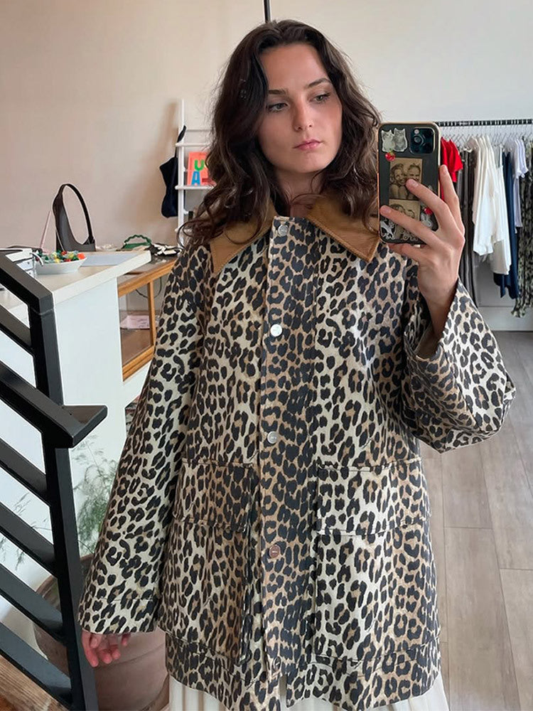 Women's Oversize Field Jacket with Leopard Print and Contrasting Cord Collar Mune Fashion