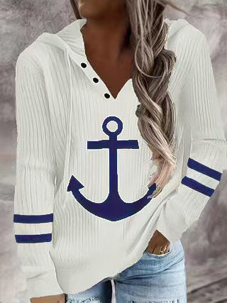 Ladies Maritime Hooded Tunic Shirt with Large Anchor Print and Crinkle Structure Mune Fashion