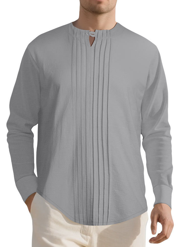 Men's Lightweight Long Sleeve Shirt in Linen Look with Stand-Up Collar, Pleats and Loop Closure Mune Fashion