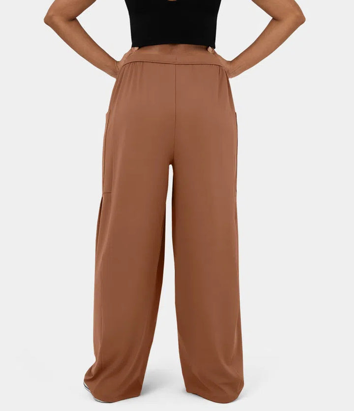 Women's Wide Relaxed Pants with High Elastic Waistband, Drawstring and Large Cargo Pockets Mune Fashion