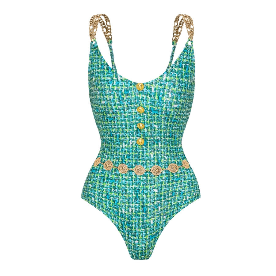 Women's one-piece swimsuit with elegant button and belt application Mune Fashion