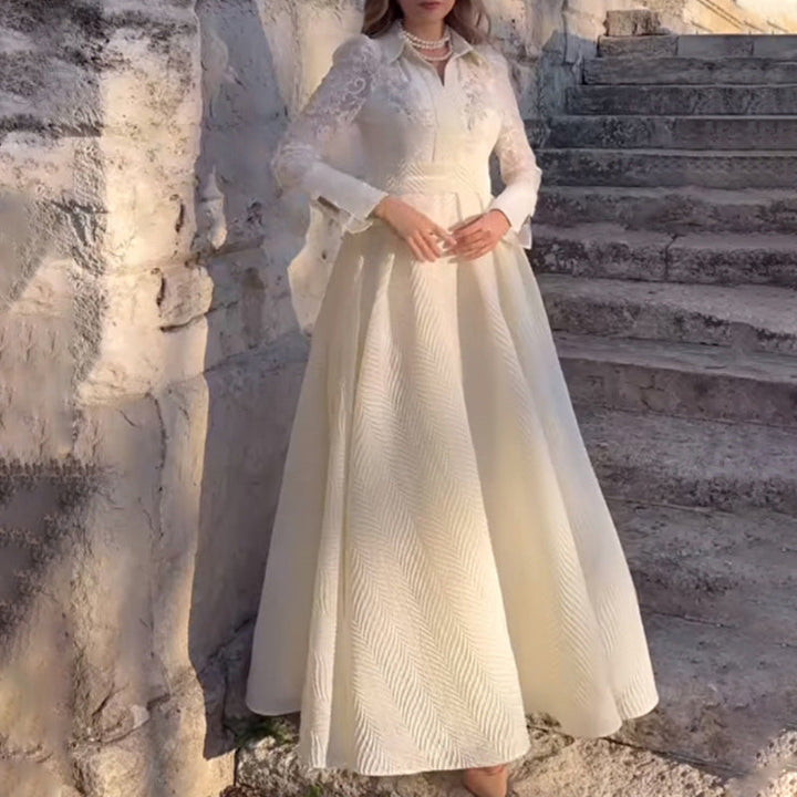 Women Elegant Maxi Dress with Lace Sleeves and Waist Belt Mune