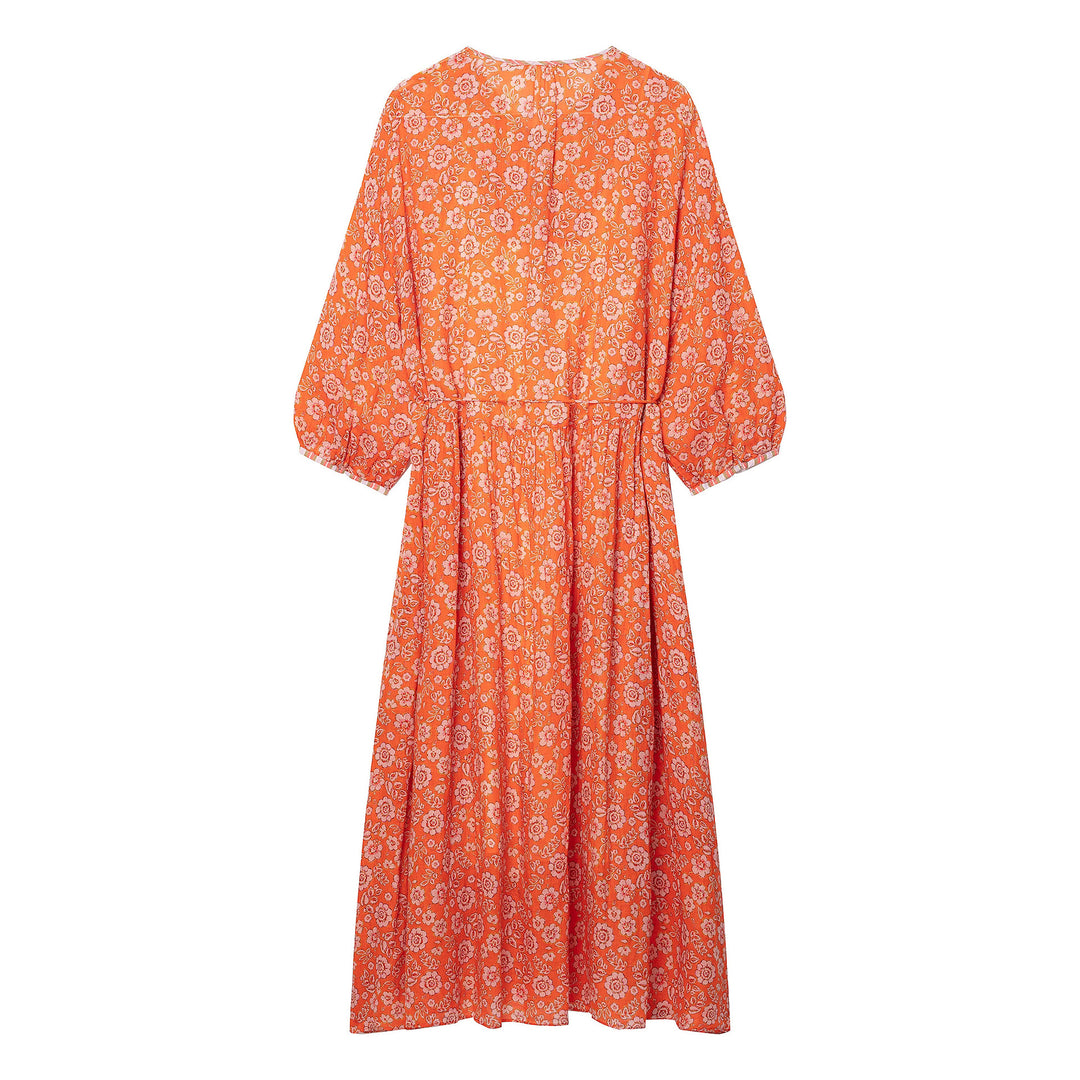 Women's maxi dress with floral print, deep round neckline and drawstring waist Mune Fashion