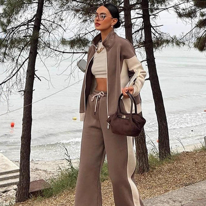 Women's Multi-Part Loungewear Set with Zip Jacket and Wide Palazzo Pants Mune Fashion