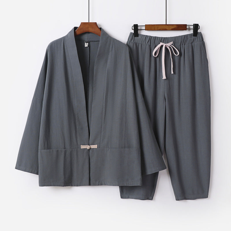 Unisex Casual Kimono Loungewear Set made of lightweight Linen Blend with Drawstring Pants Mune Fashion