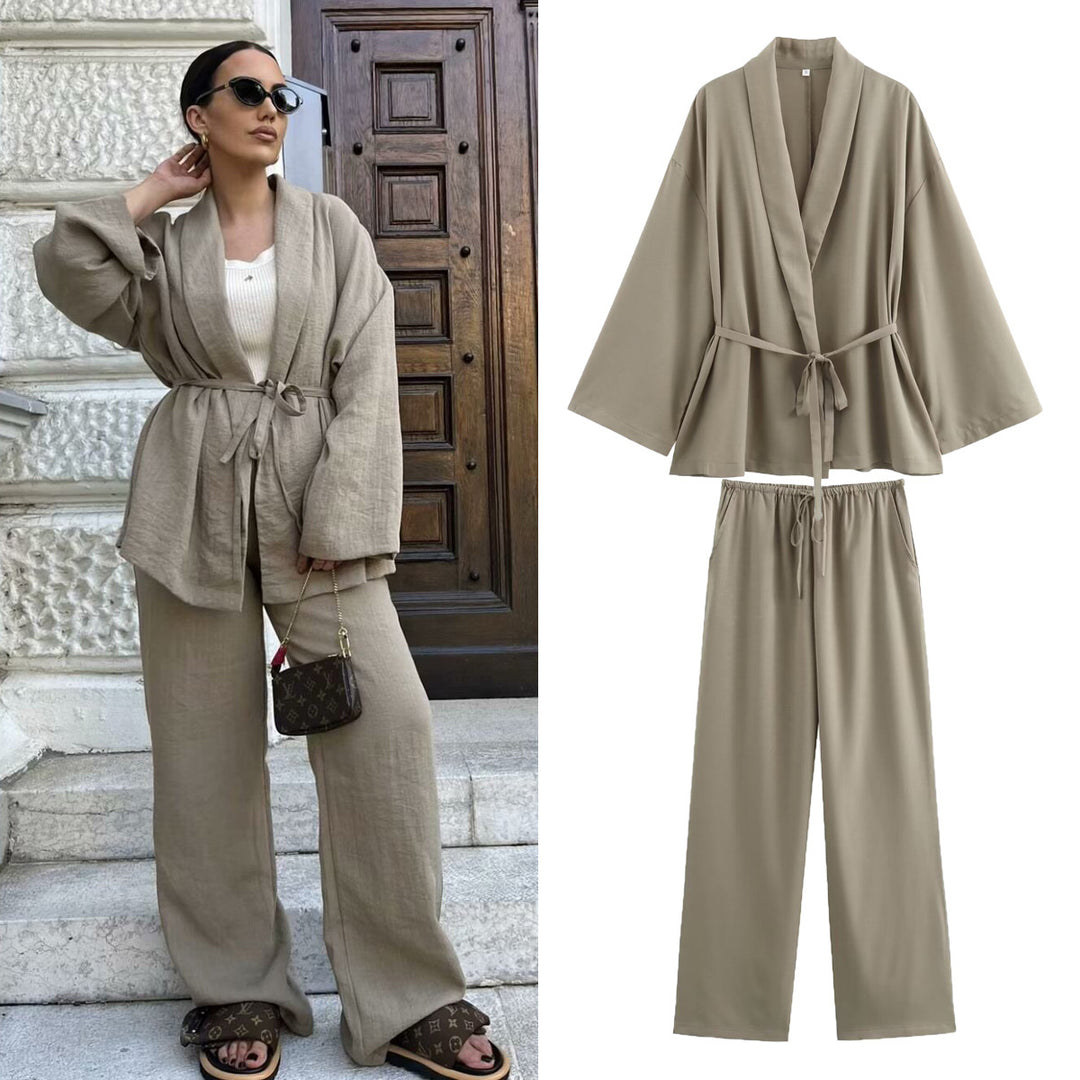 Women's kimono jacket with wrap belt, loose fit and shawl collar Mune Fashion