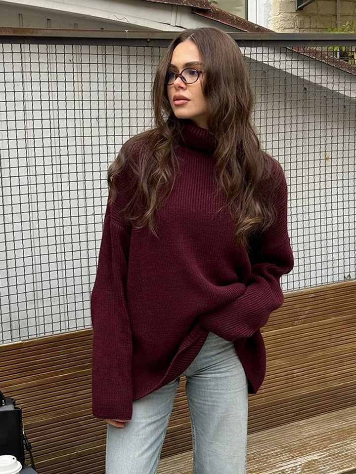 Women Oversized Ribbed Knit Turtleneck Sweater with Extended Cuff Mune Fashion