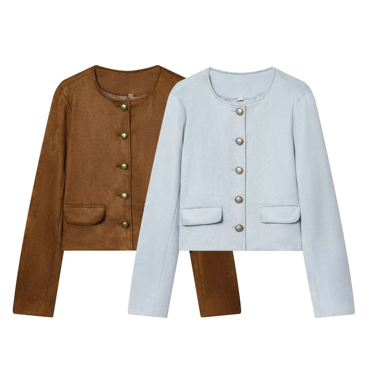 Women's Tailored Cropped Boucle Jacket with Decorative Button Placket and Flap Pockets Mune Fashion