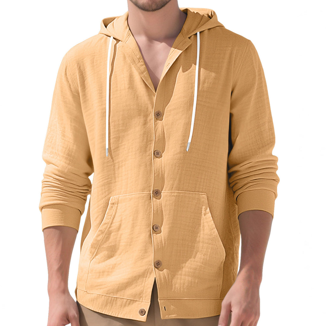 Men's lightweight hooded overshirt in crinkle look with wooden button placket and kangaroo pocket Mune Fashion