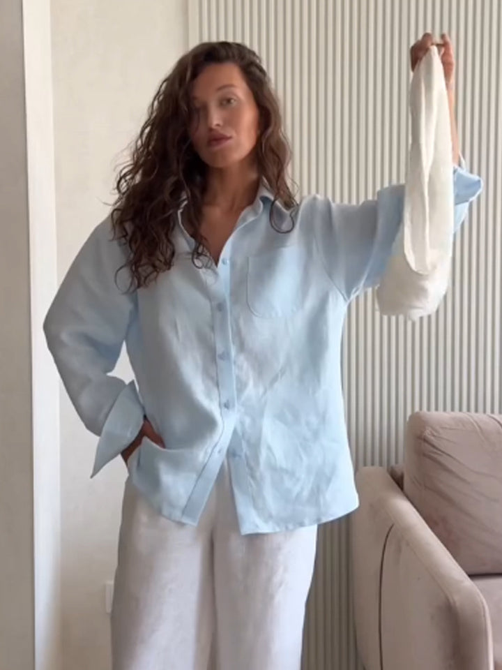 Women's Oversized Linen Shirt Blouse with Chest Pocket and Casual Fit Mune Fashion