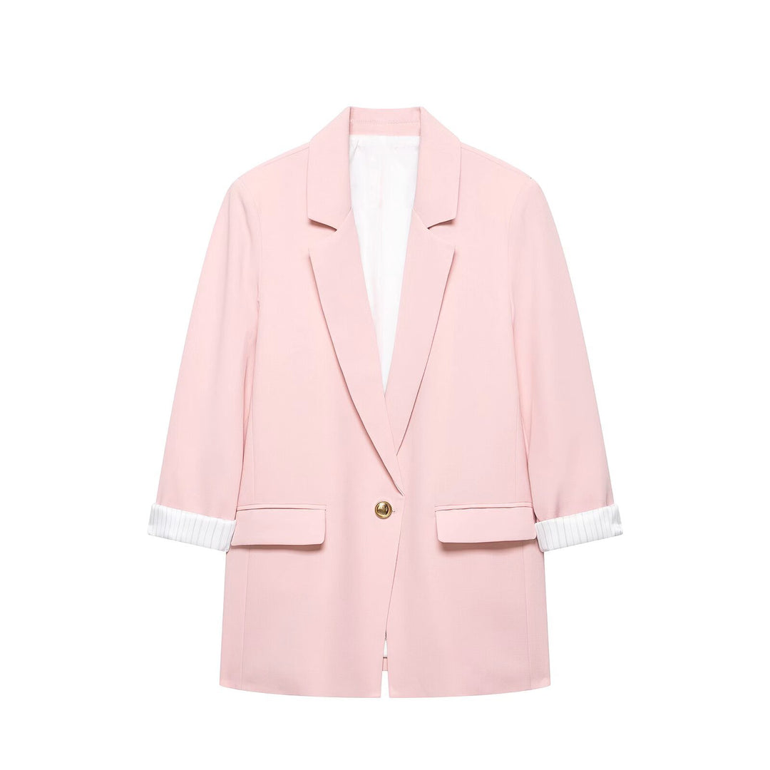 Women's tailored long blazer with cuffed sleeves and decorative button Mune Fashion