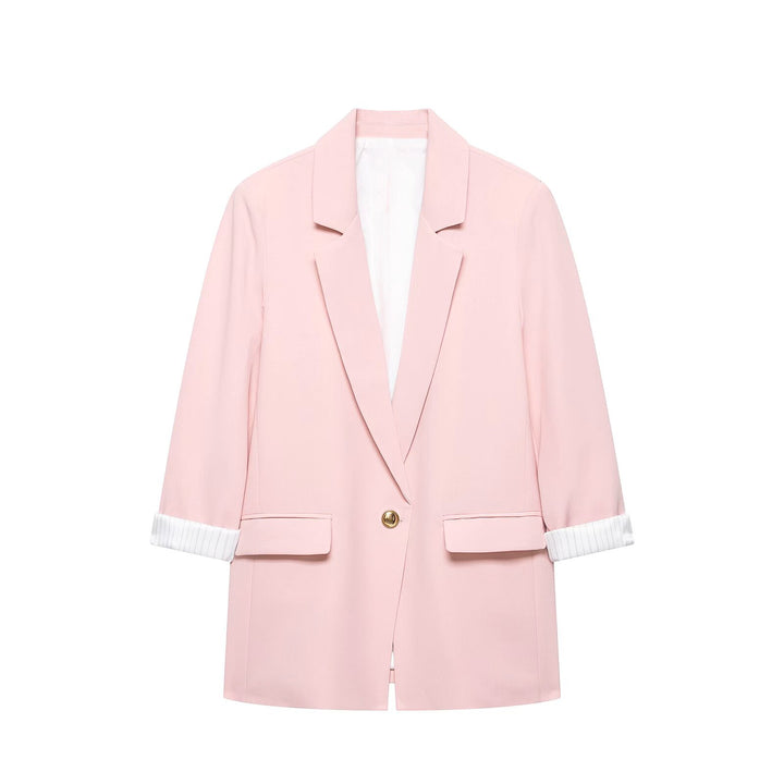 Women's tailored long blazer with cuffed sleeves and decorative button Mune Fashion