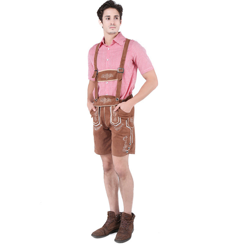 Men's short traditional leather trousers made of suede with embroidered front bib and adjustable straps Mune Fashion