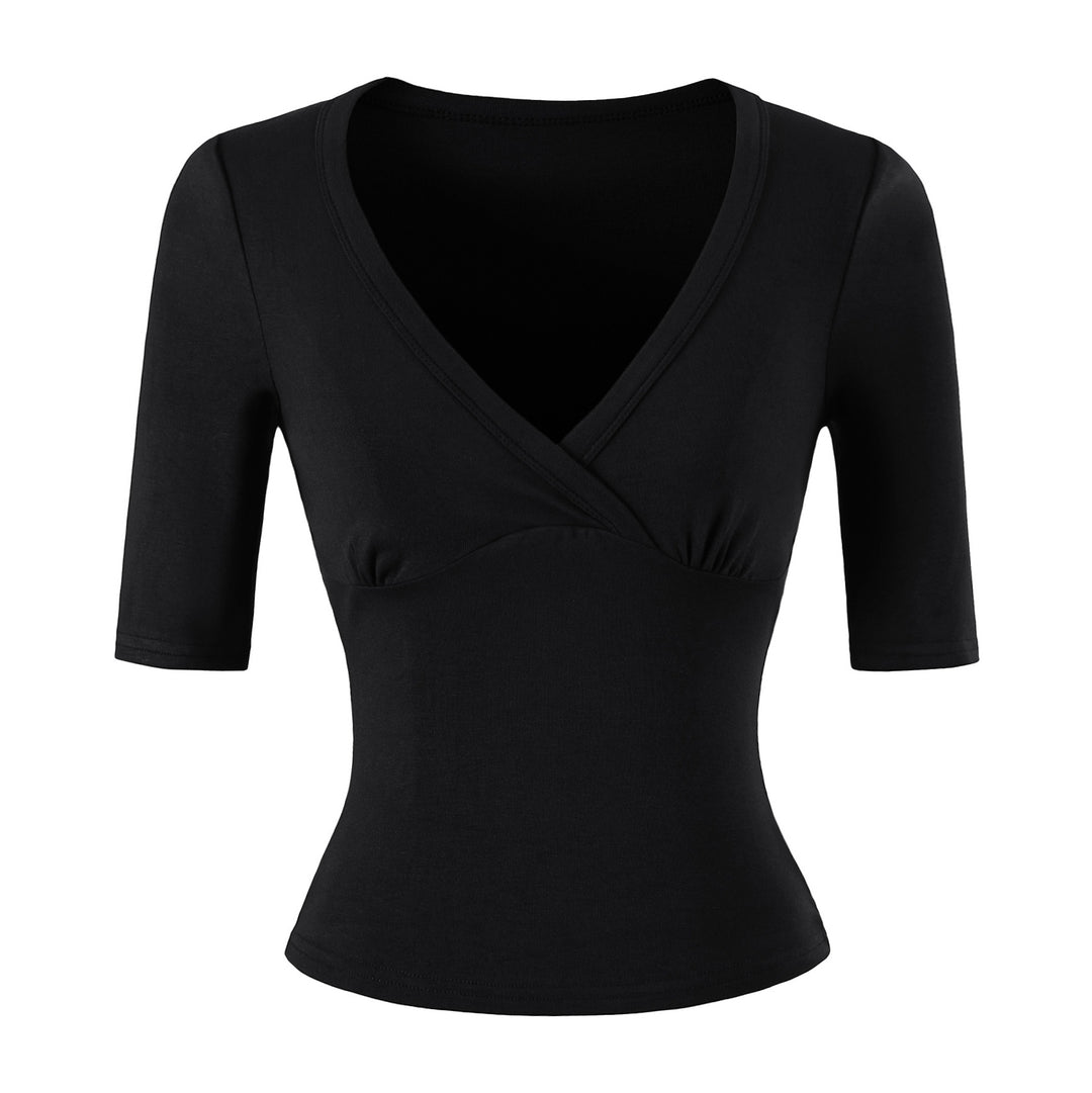 Women's body-hugging wrap shirt with deep V-neck, three-quarter sleeves, and waist accentuation Mune Fashion