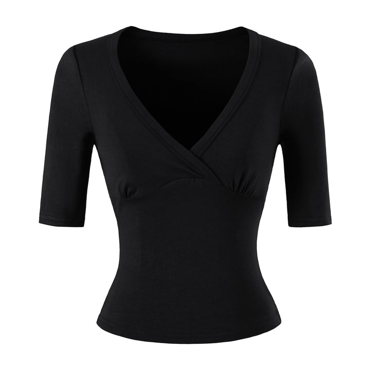 Women's body-hugging wrap shirt with deep V-neck, three-quarter sleeves, and waist accentuation Mune Fashion