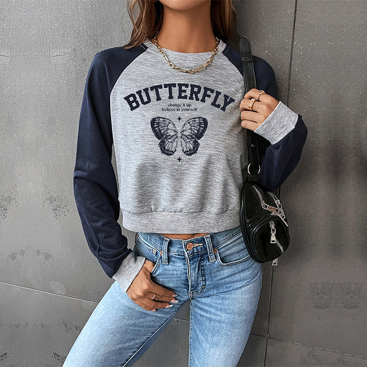 Women's Cropped Raglan Sweatshirt with Butterfly Print, Ribbed Hem and Casual Fit Mune Fashion