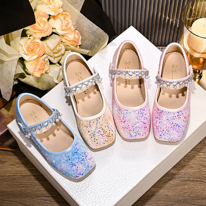 Girls Glittering Mary Jane Ballet Flats with Pearls and Bow Decor Mune Fashion