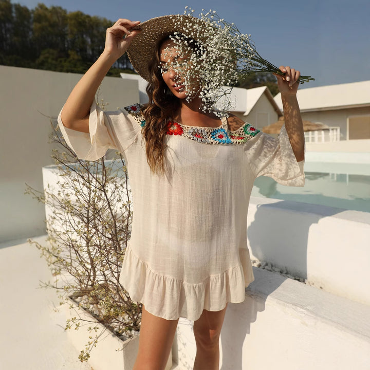 Women airy beach wrap with floral crochet appliques Mune Fashion