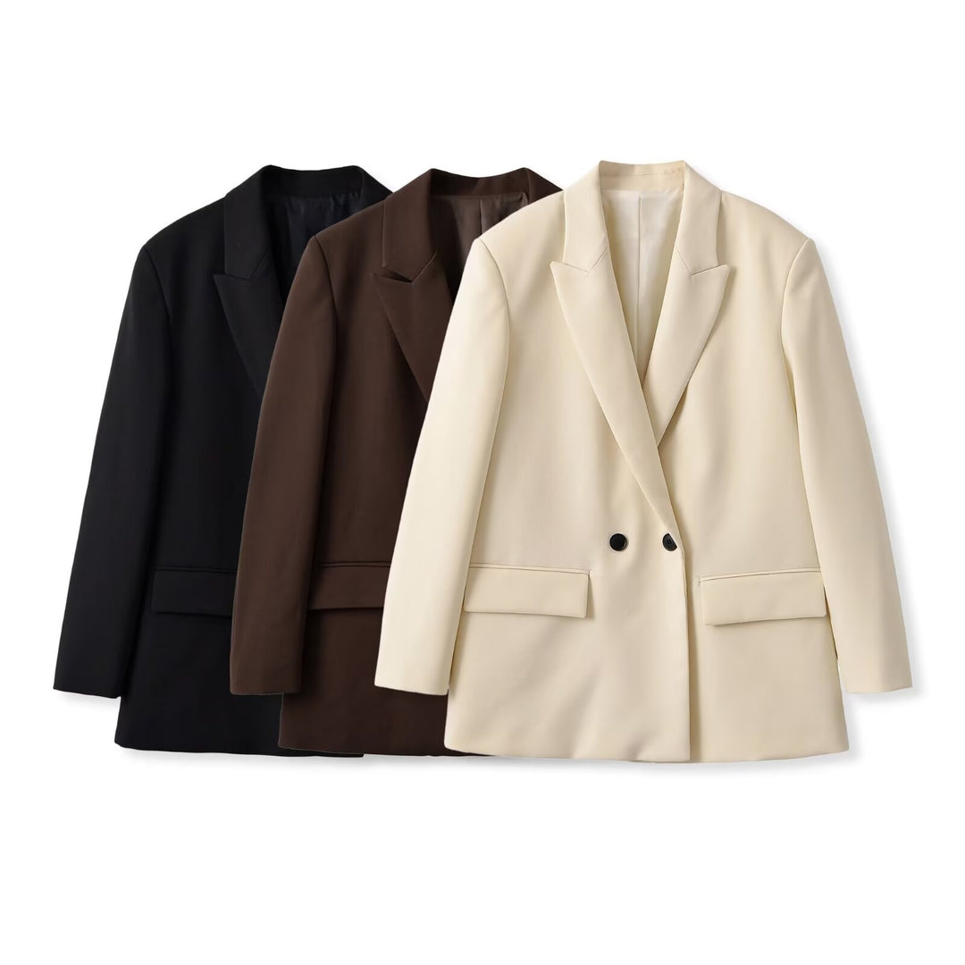 Women's Double Breasted Long Blazer with Lapel Collar, Tailored Fit and Patch Pockets