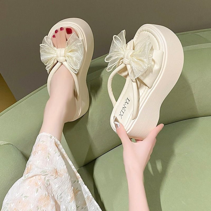 Women's platform slide sandal with high wedge sole and organza flower appliqué Mune Fashion