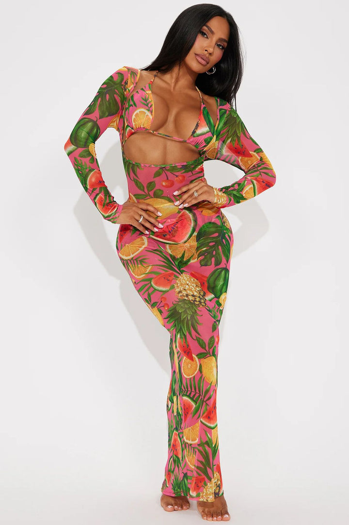 Ladies Maxidress with fruity print and sophisticated cut-out Mune Fashion