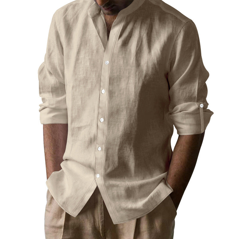 Men's casual linen shirt with Kent collar, continuous button placket, and roll-up sleeves Mune Fashion