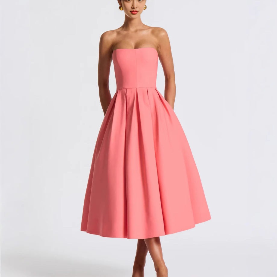 Women's Elegant Midi Dress with Flared Skirt and Stylish Bandeau Neckline Mune Fashion
