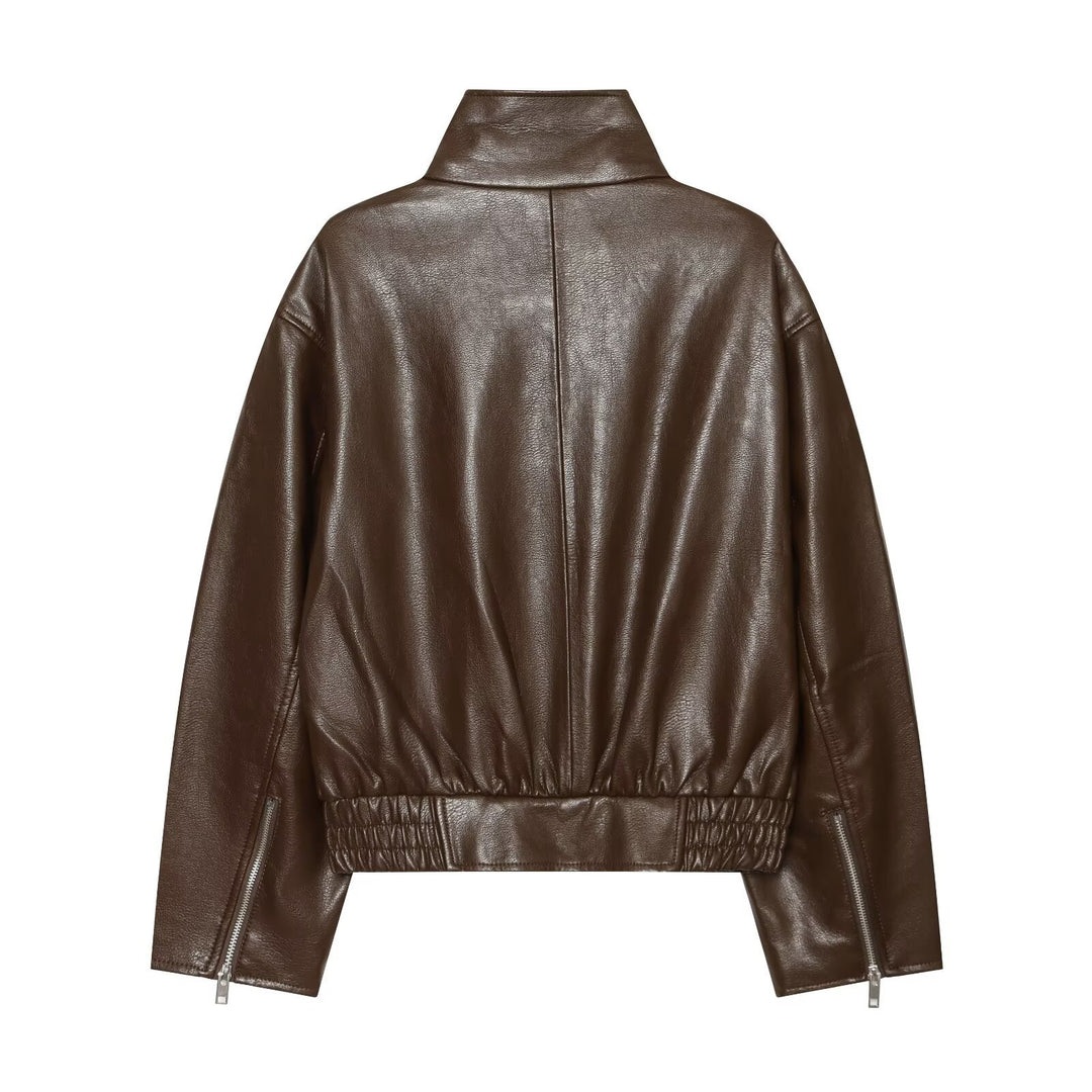 Women Short Faux Leather Biker Jacket with Stand-up Collar, Asymmetrical Zipper and Elastic Hem Drune