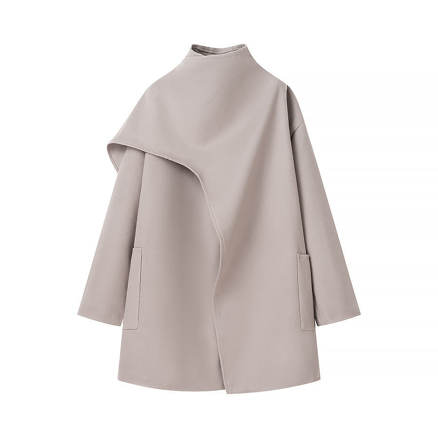 Women Asymmetrical Wool Blend Coat with Cape Overlay and Stand Collar Mune Fashion