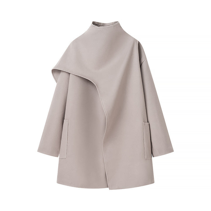 Women Asymmetrical Wool Blend Coat with Cape Overlay and Stand Collar Mune Fashion
