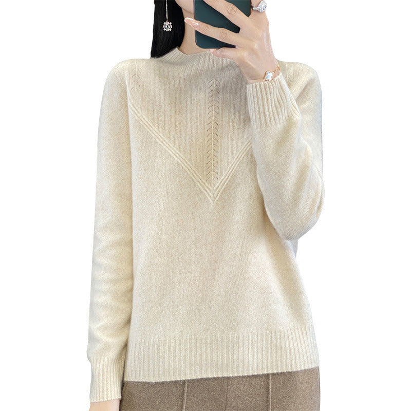 Women's Loose Mohair Blend Sweater with Textured V Panel and Stand Collar Mune Fashion
