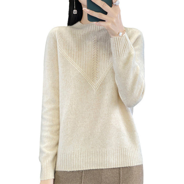 Women's Loose Mohair Blend Sweater with Textured V Panel and Stand Collar Mune Fashion