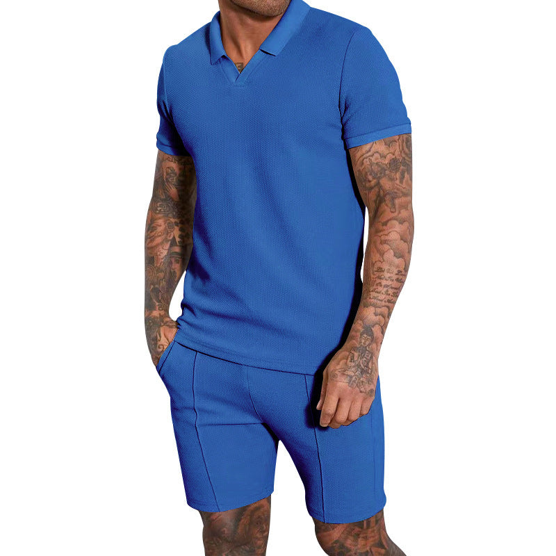 Men's short-sleeved half-collar knit set with fine waffle structure and straight-cut shorts Mune Fashion