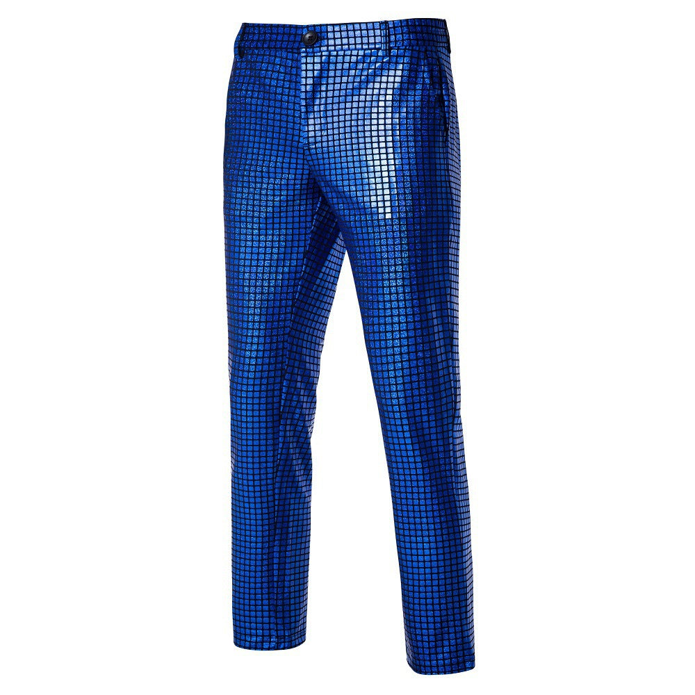 Men's Slim-Fit Suit Trousers with Glossy Sequin Look and Fine Check Pattern Mune Fashion