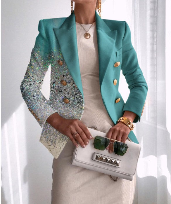 Women's Tailored Double-Breasted Blazer with Distinctive Shoulder, Gold Buttons and Glitter Ombre Mune Fashion