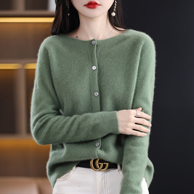 Women's Short-Cut Cardigan in Mohair-Look with Round Neckline and Pearl Buttons Mune Fashion