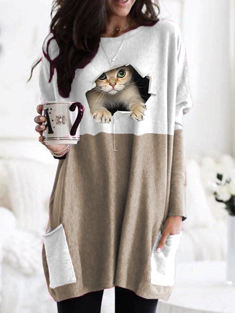 Women Longer Colorblock Knit Sweater with Cat Motif and Patch Pockets Mune Fashion