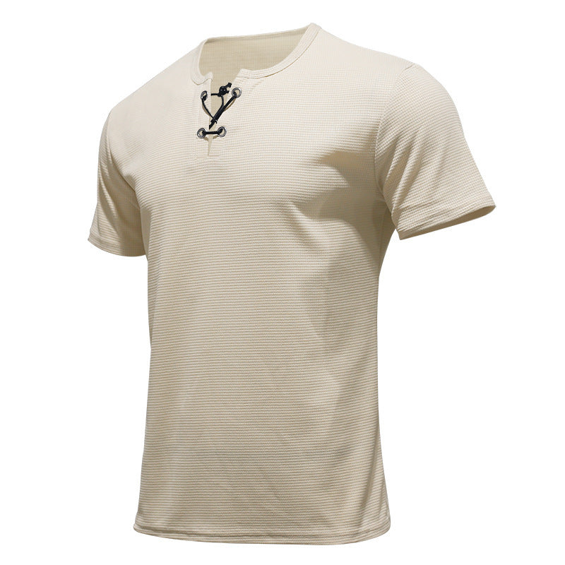 Men's short-sleeve shirt with lace collar, metal eyelets, and fine structured jersey Mune Fashion