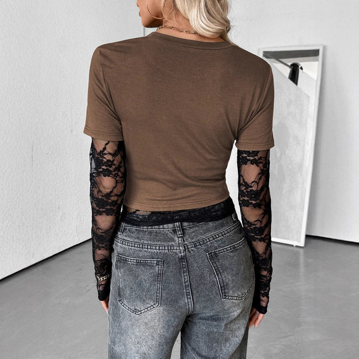 Women's Cropped T-Shirt with Transparent Lace Sleeves Mune Fashion