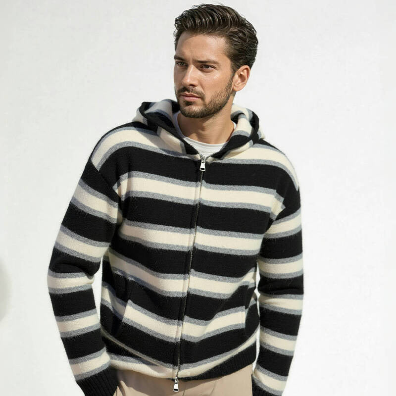 Men's Striped Knit Hoodie with Full Zipper and Ribbed Cuffs Mune Fashion