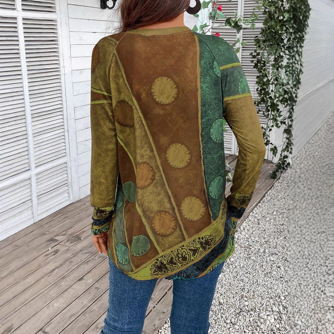 Women's Long Sleeve Shirt with Boho Print and Patchwork Sleeves Mune Fashion