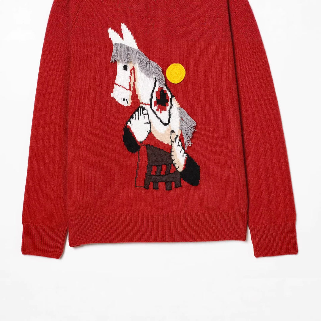 Women's knitted sweater with horse motif and fringe appliqué, oversized round neck Mune Fashion