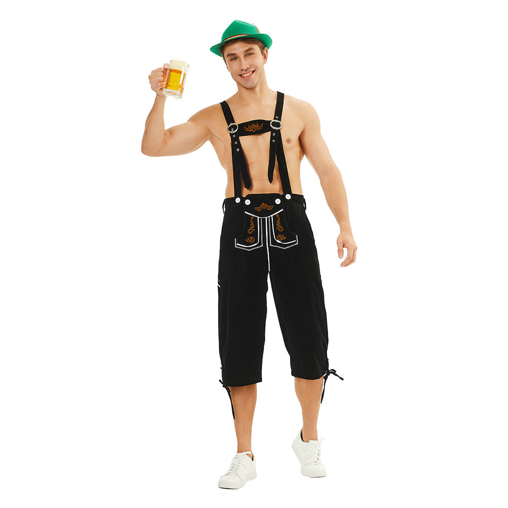Men's traditional Bavarian leather shorts knee-length with embroidered suspenders Mune Fashion