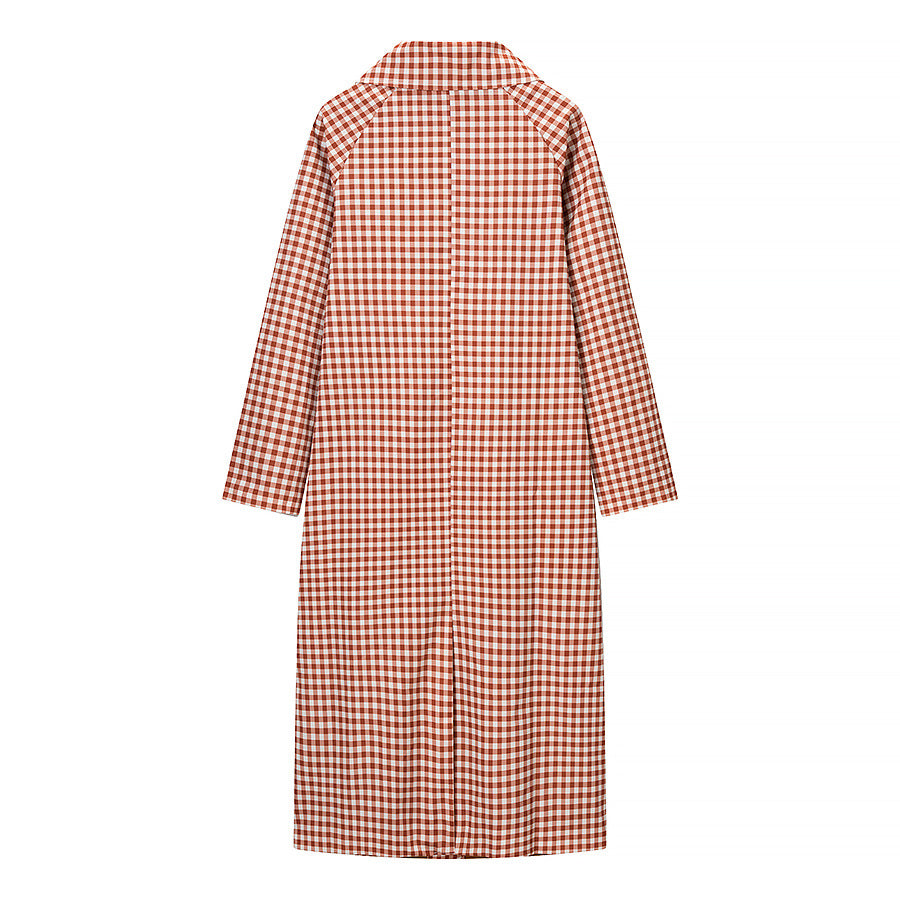 Women Long Cut Plaid Coat with Shirt Collar and Full Button Placket Mune Fashion